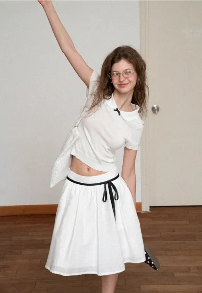 High Waist A Line Skirt with Contrast Ribbon Tie