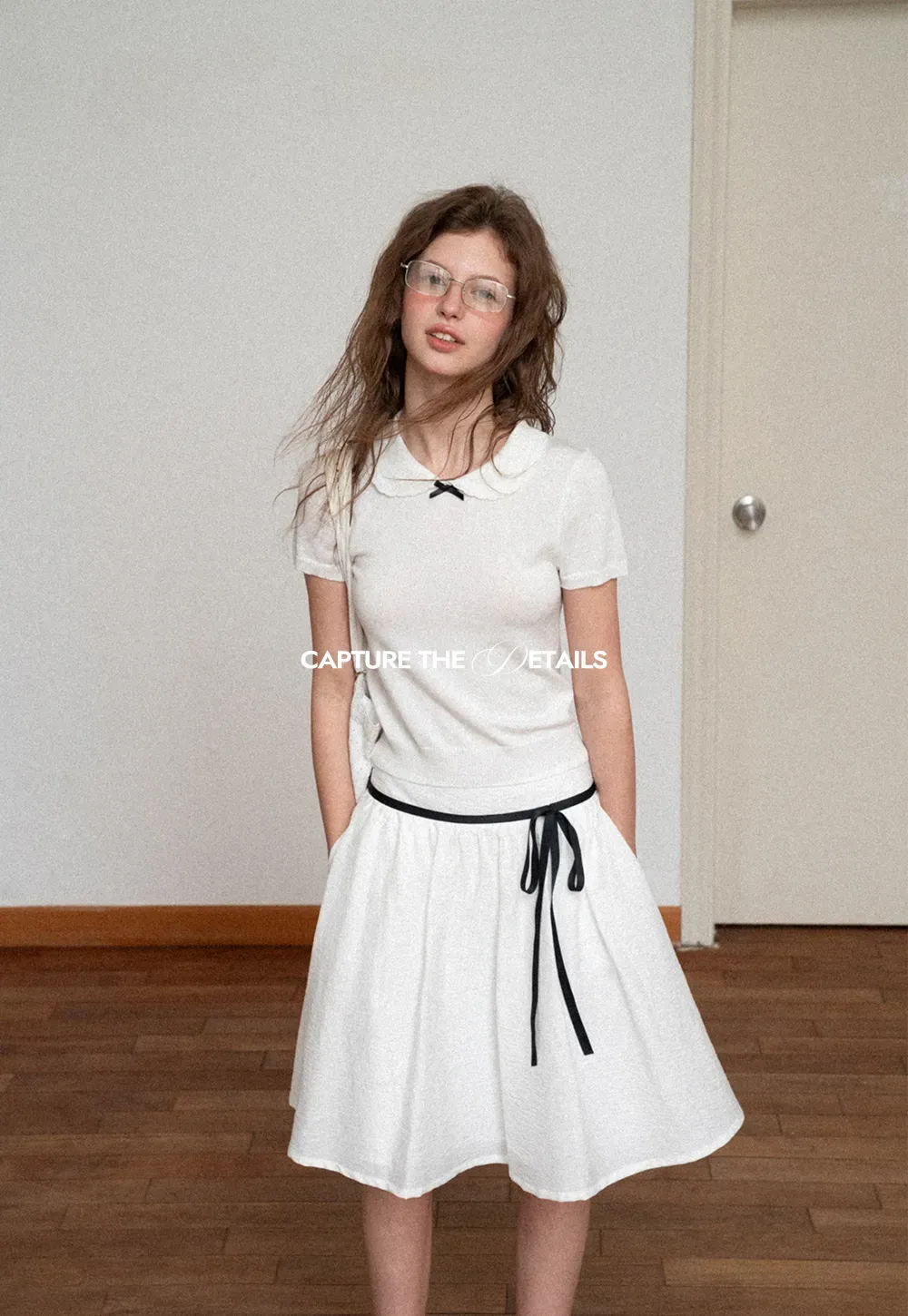High Waist A Line Skirt with Contrast Ribbon Tie