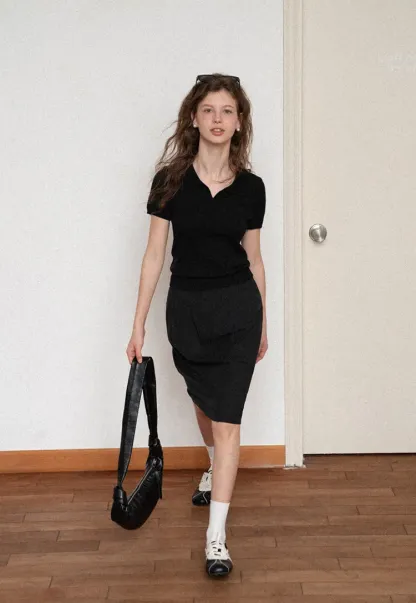 High Waist Pleated Knee Length Skirt