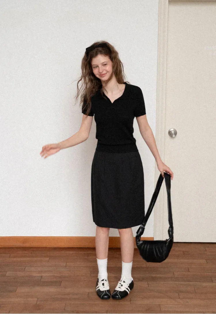 High Waist Pleated Knee Length Skirt