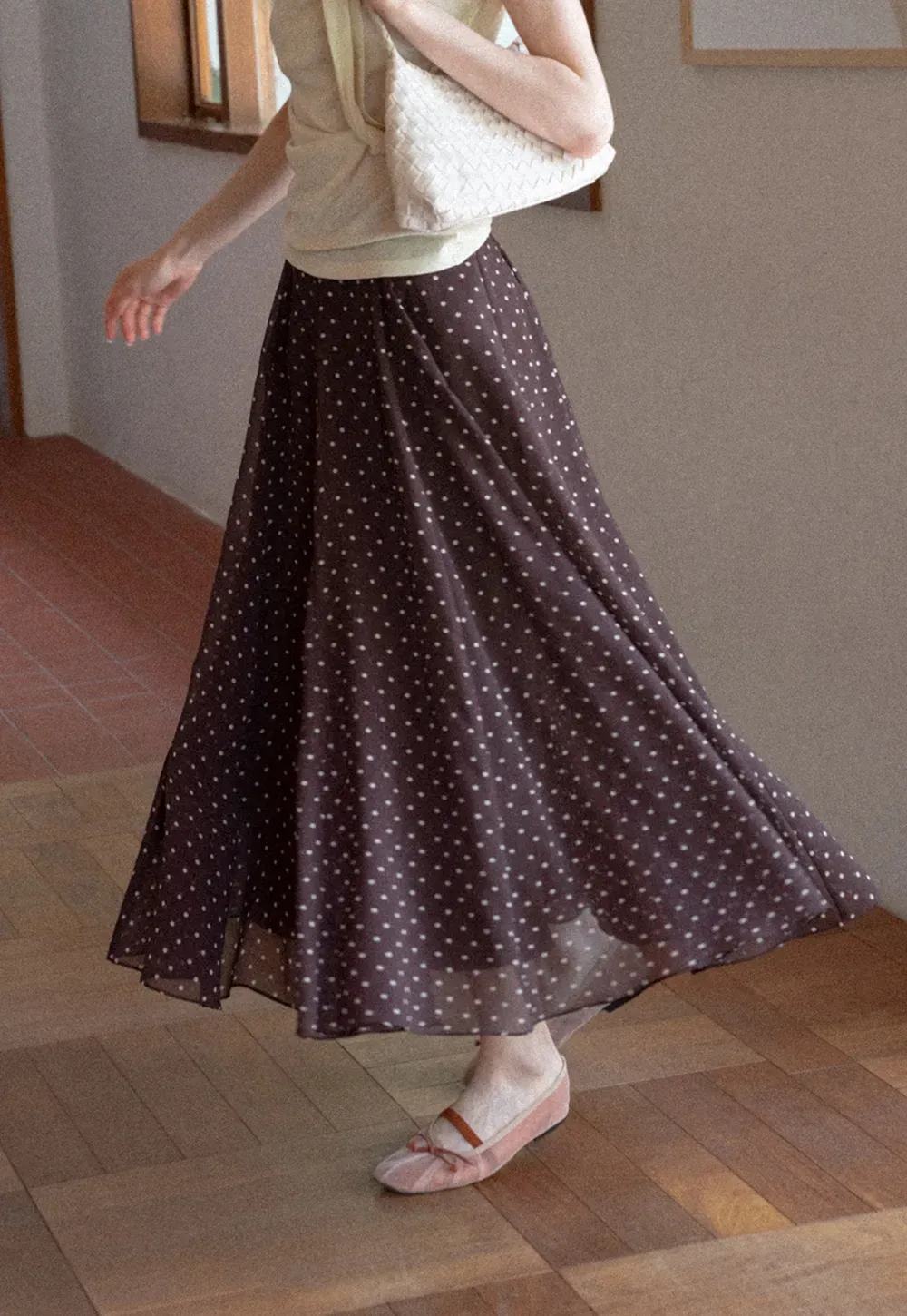 Polka Dot Print Flowing Maxi Skirt