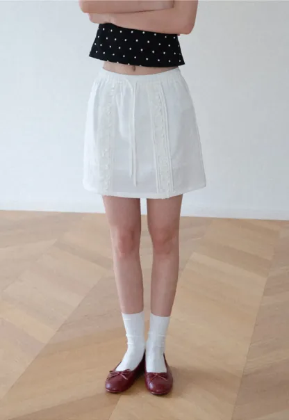 Lace Trim Drawstring A Line Skirt