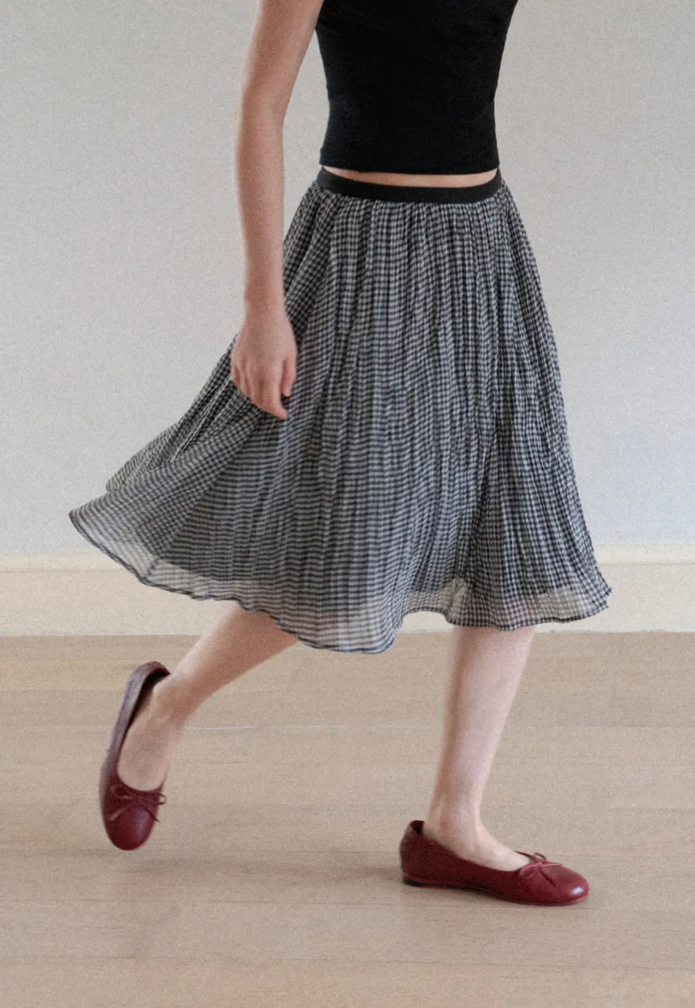 Pleated Gingham Midi Skirt