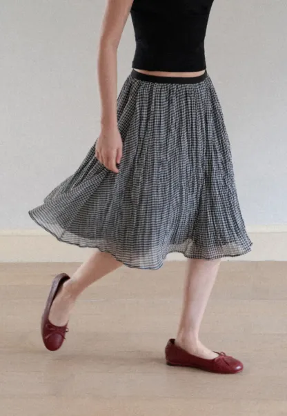 Pleated Gingham Midi Skirt