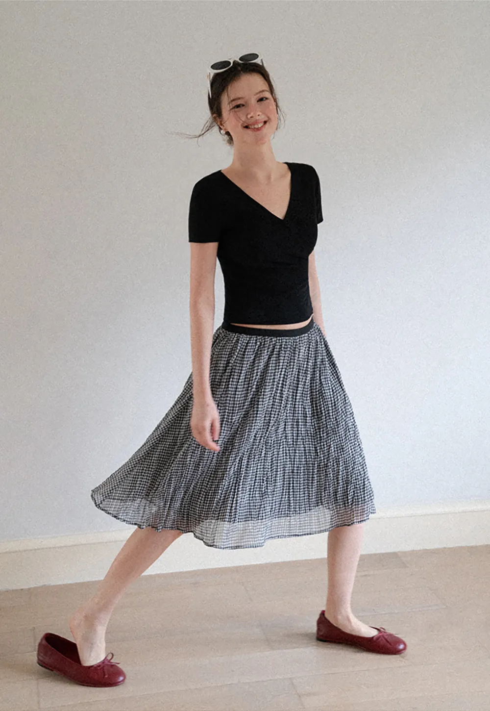 Pleated Gingham Midi Skirt