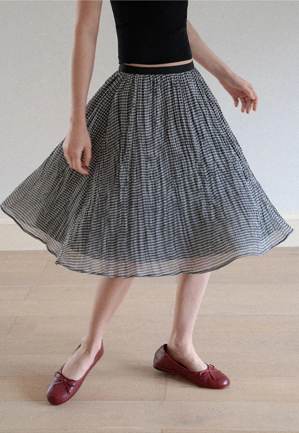 Pleated Gingham Midi Skirt