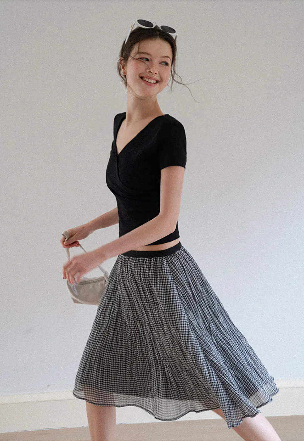 Pleated Gingham Midi Skirt
