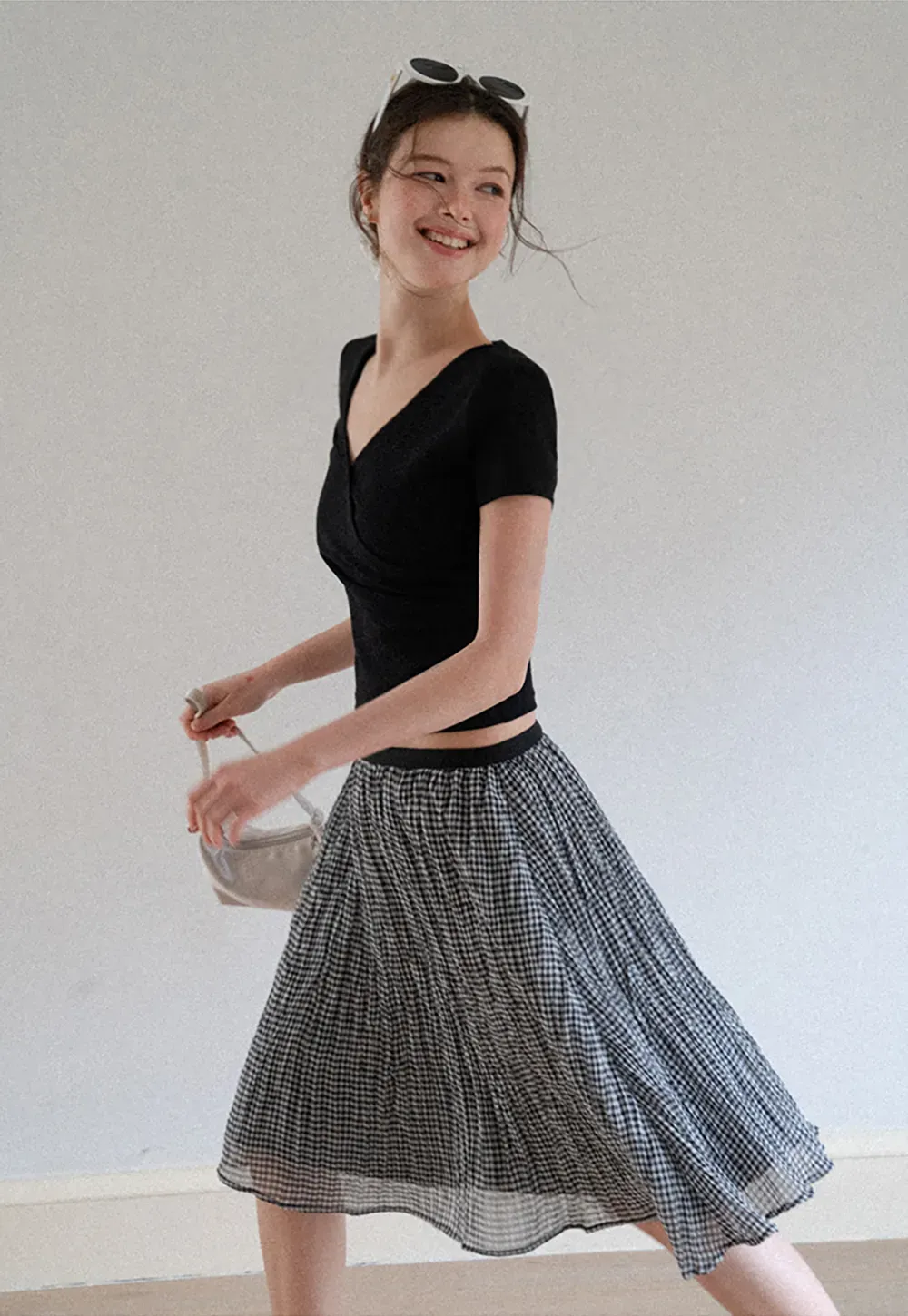 Pleated Gingham Midi Skirt