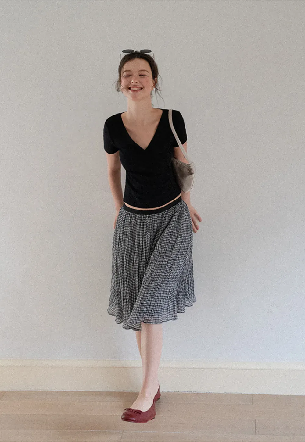 Pleated Gingham Midi Skirt