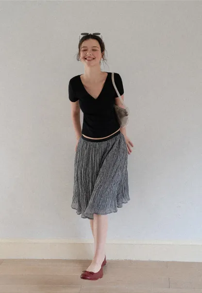 Pleated Gingham Midi Skirt