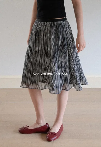 Pleated Gingham Midi Skirt