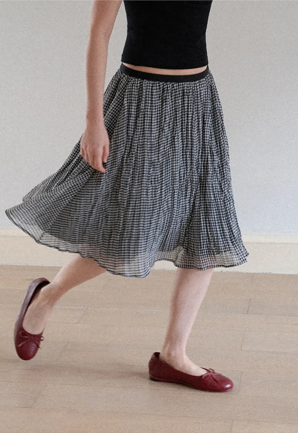 Pleated Gingham Midi Skirt