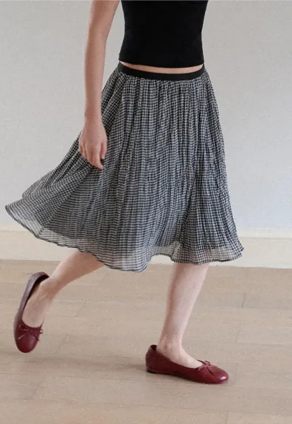 Pleated Gingham Midi Skirt