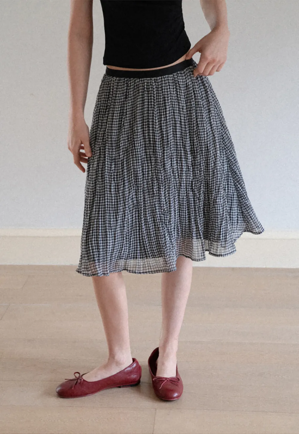 Pleated Gingham Midi Skirt