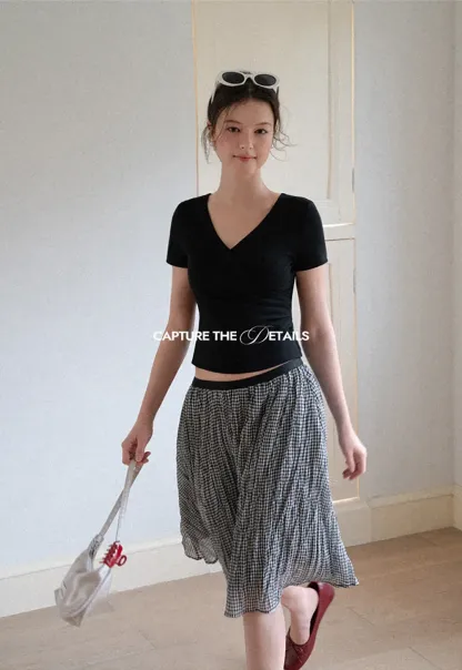 Pleated Gingham Midi Skirt