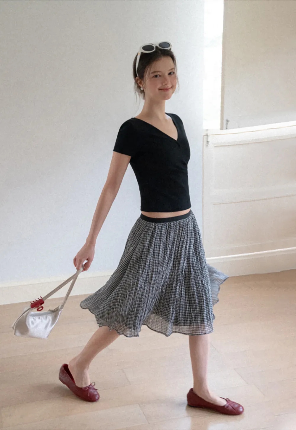 Pleated Gingham Midi Skirt