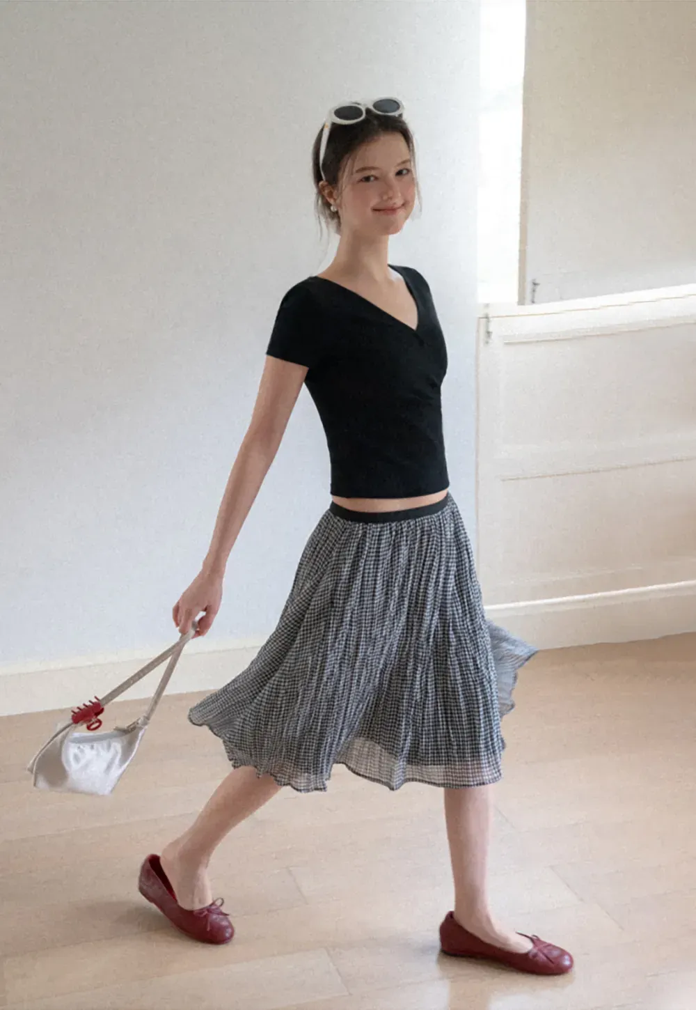 Pleated Gingham Midi Skirt