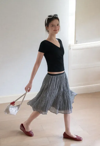 Pleated Gingham Midi Skirt