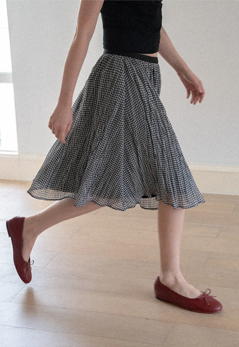 Pleated Gingham Midi Skirt