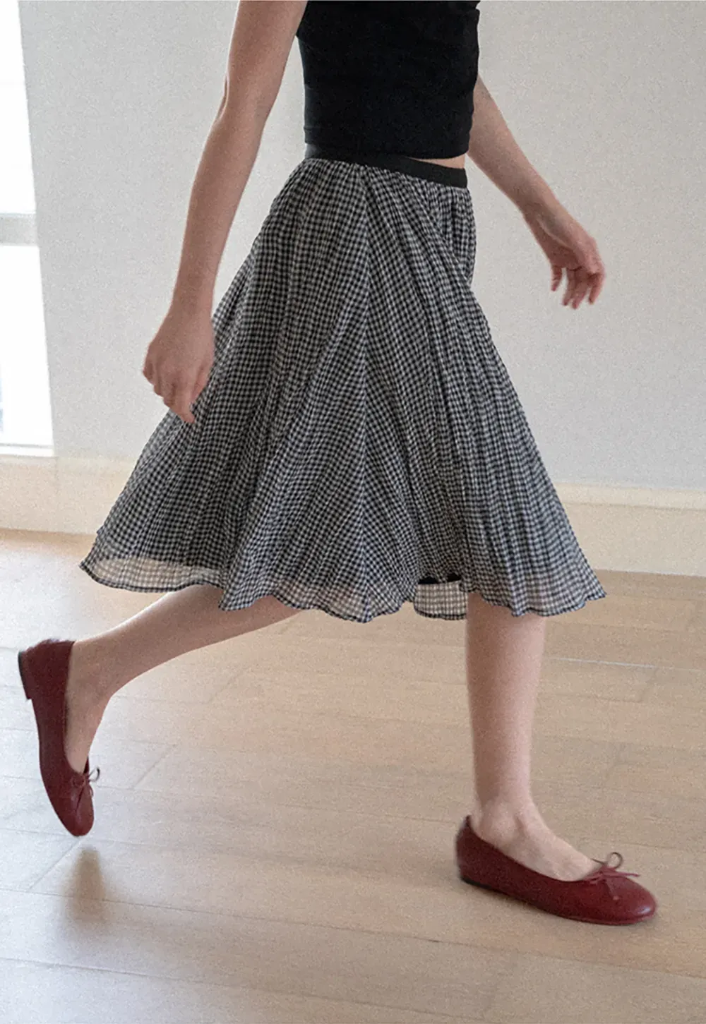 Pleated Gingham Midi Skirt