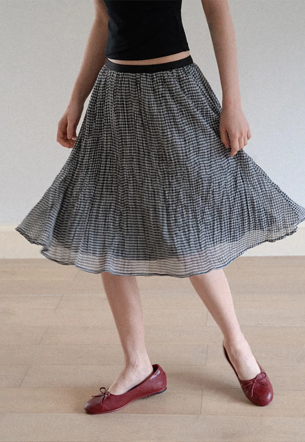 Pleated Gingham Midi Skirt