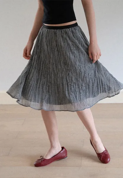 Pleated Gingham Midi Skirt