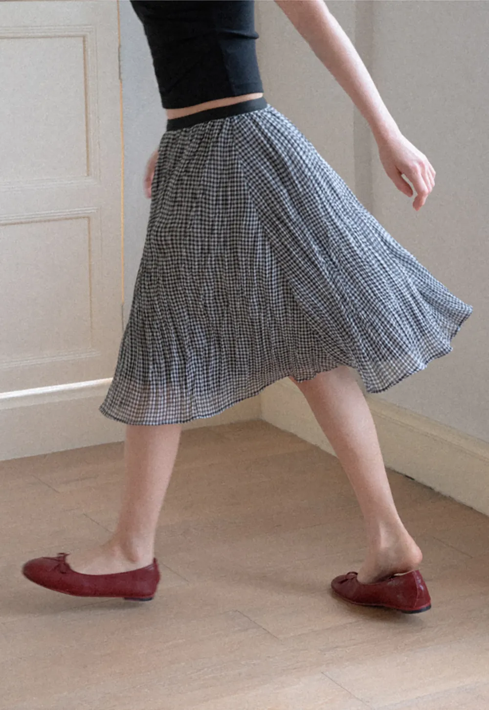 Pleated Gingham Midi Skirt