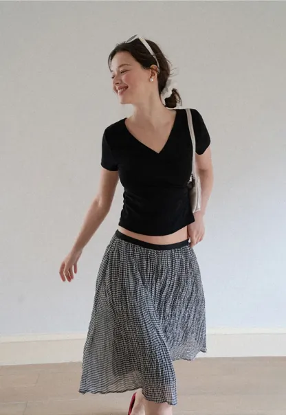 Pleated Gingham Midi Skirt