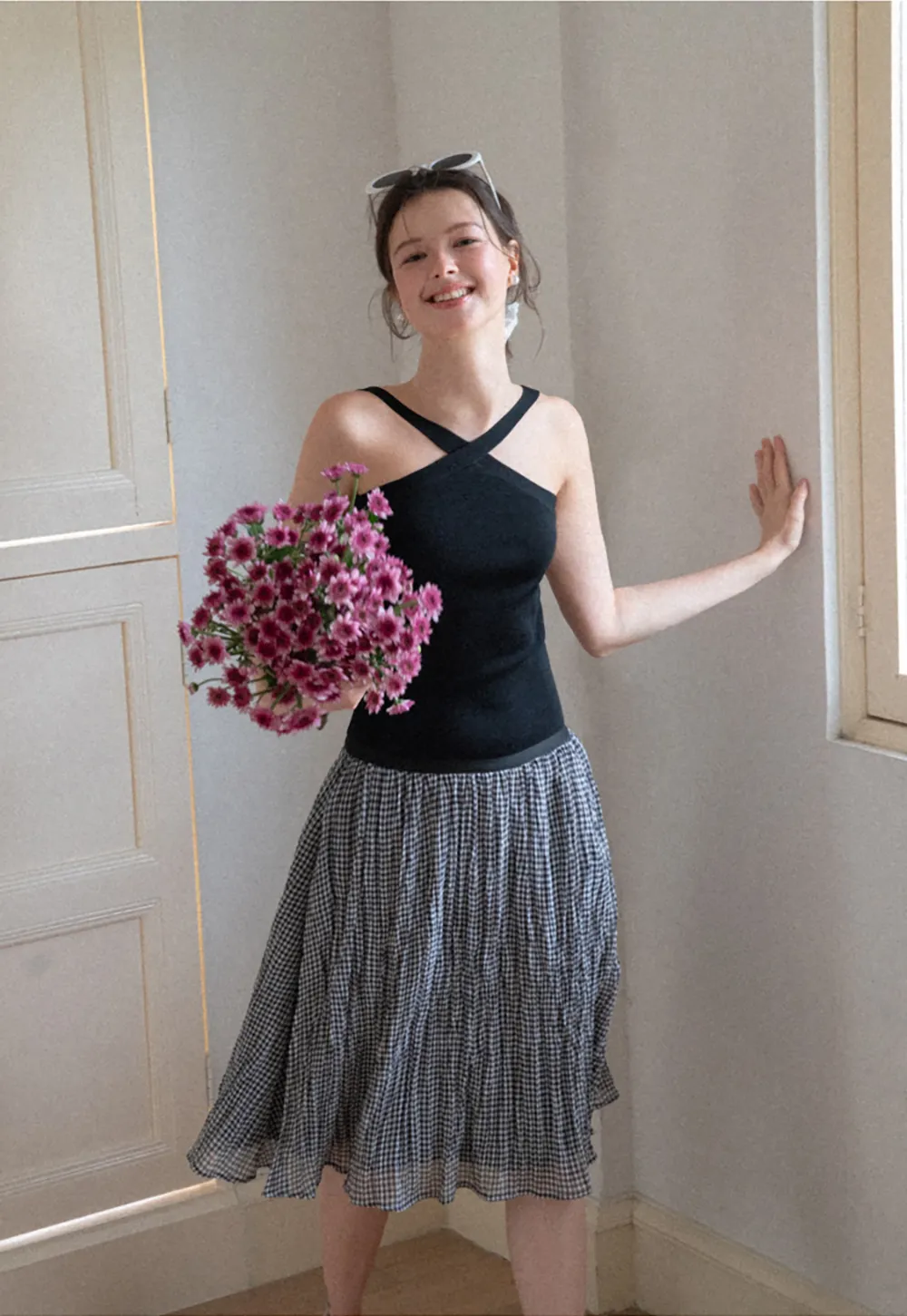 Pleated Gingham Midi Skirt