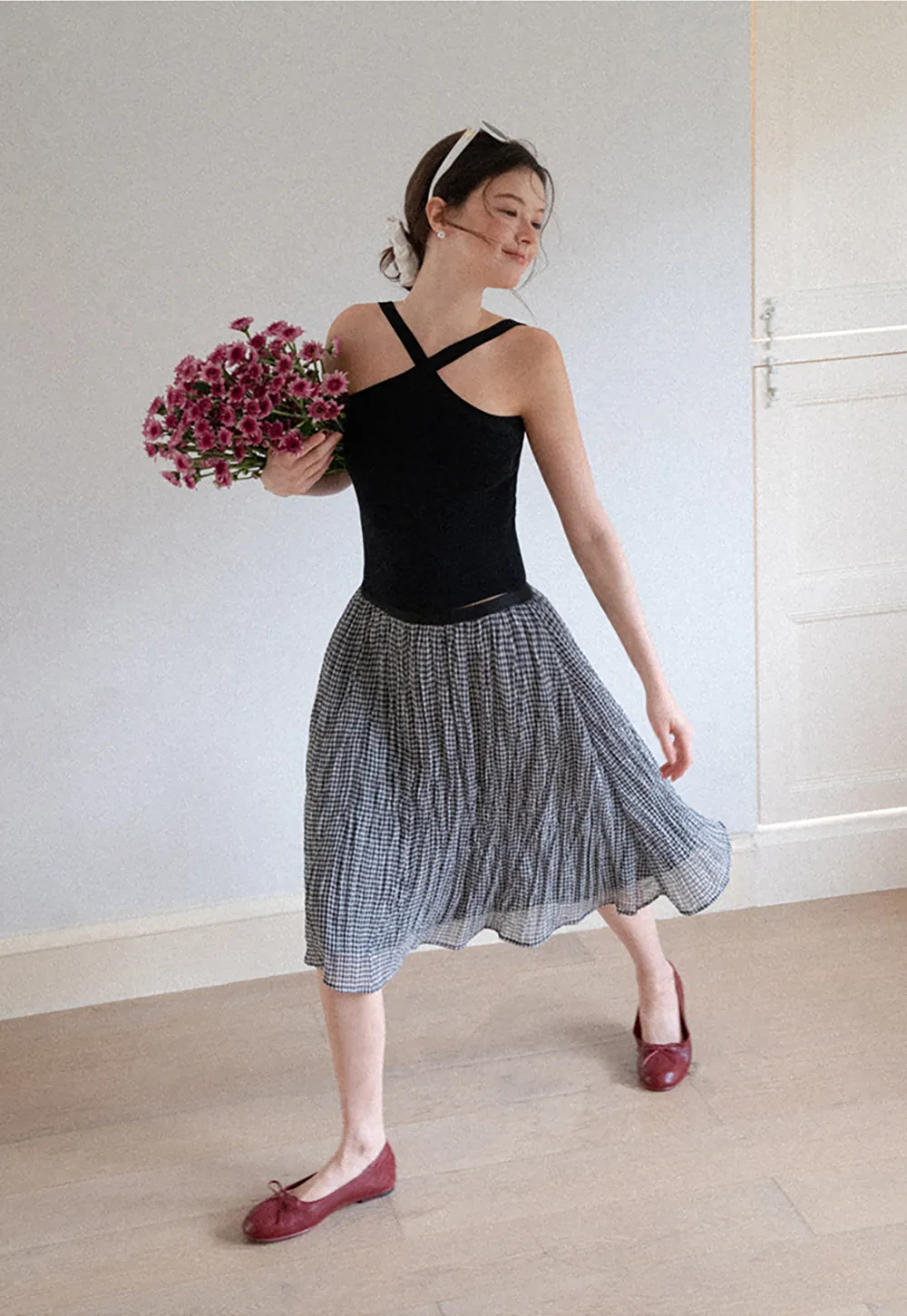 Pleated Gingham Midi Skirt