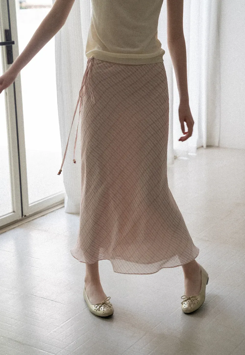 Diagonal Grid Pattern Sheer Midi Skirt with Drawstring Waist