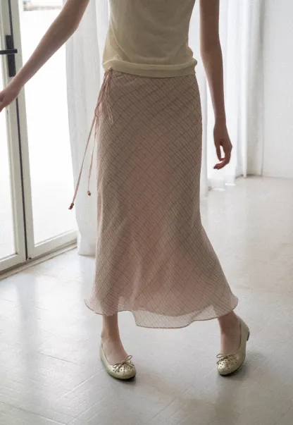 Diagonal Grid Pattern Sheer Midi Skirt with Drawstring Waist