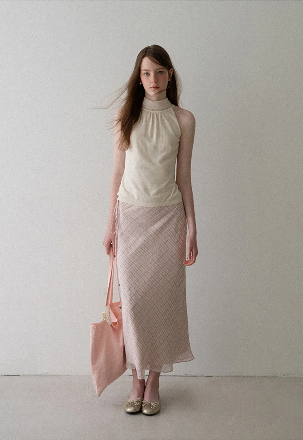 Diagonal Grid Pattern Sheer Midi Skirt with Drawstring Waist