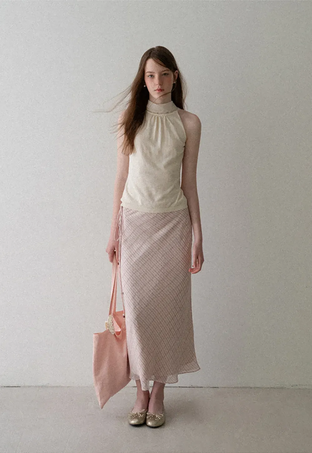 Diagonal Grid Pattern Sheer Midi Skirt with Drawstring Waist