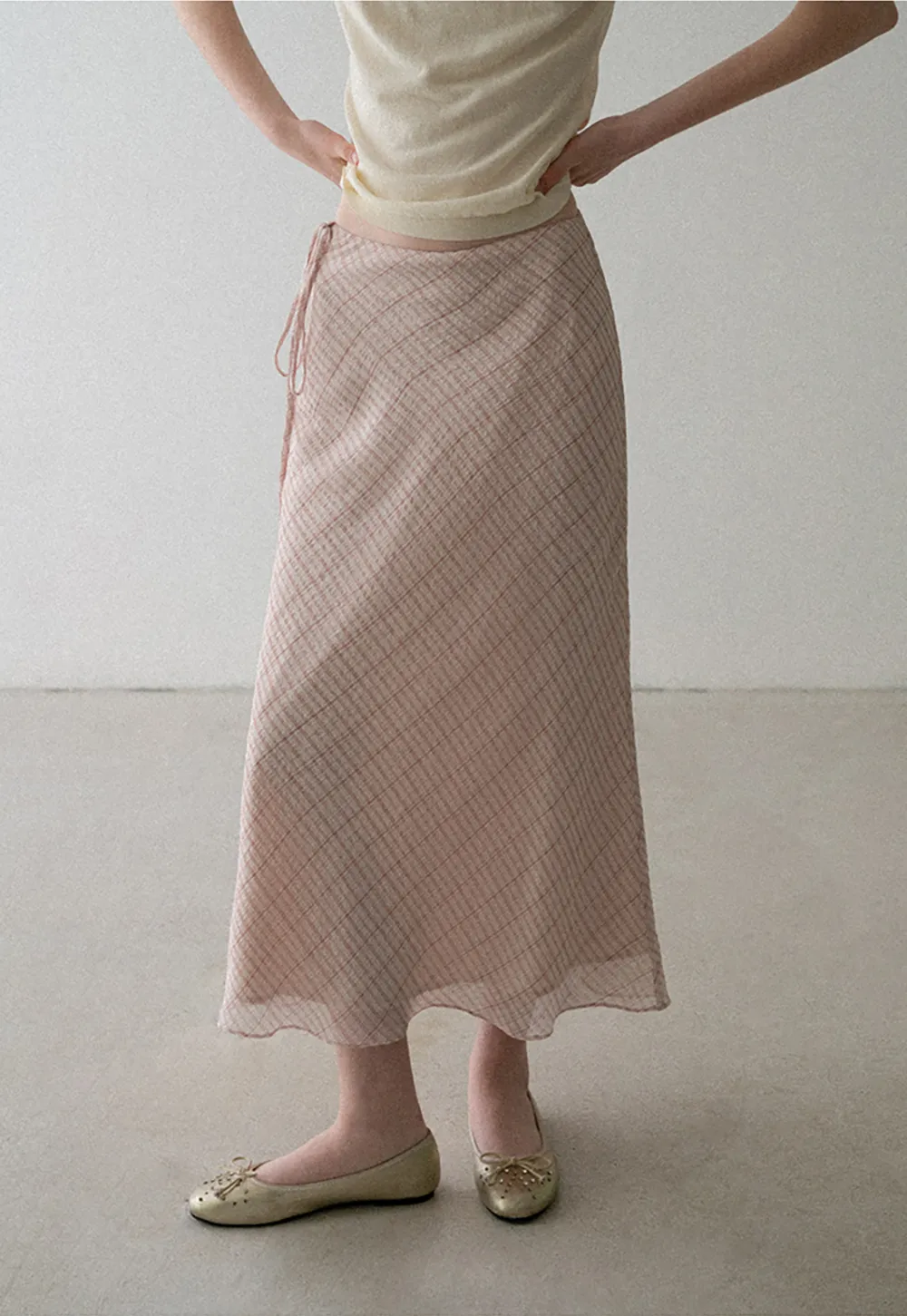 Diagonal Grid Pattern Sheer Midi Skirt with Drawstring Waist
