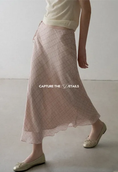 Diagonal Grid Pattern Sheer Midi Skirt with Drawstring Waist