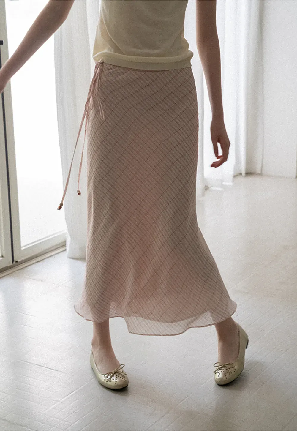 Diagonal Grid Pattern Sheer Midi Skirt with Drawstring Waist