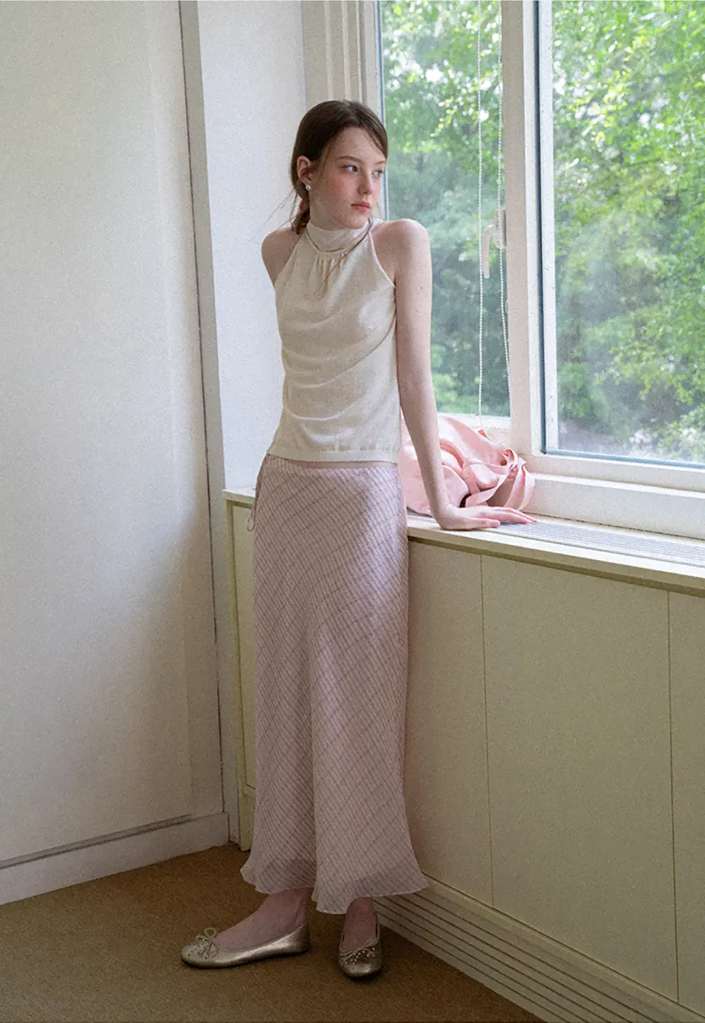 Diagonal Grid Pattern Sheer Midi Skirt with Drawstring Waist