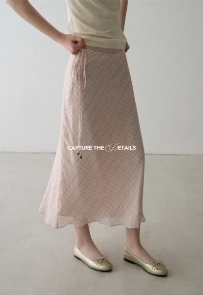 Diagonal Grid Pattern Sheer Midi Skirt with Drawstring Waist