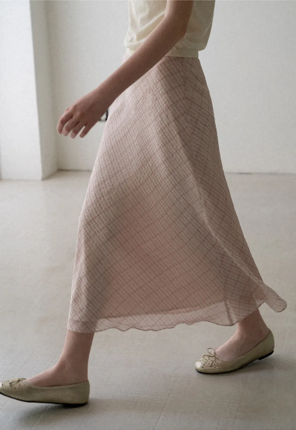 Diagonal Grid Pattern Sheer Midi Skirt with Drawstring Waist