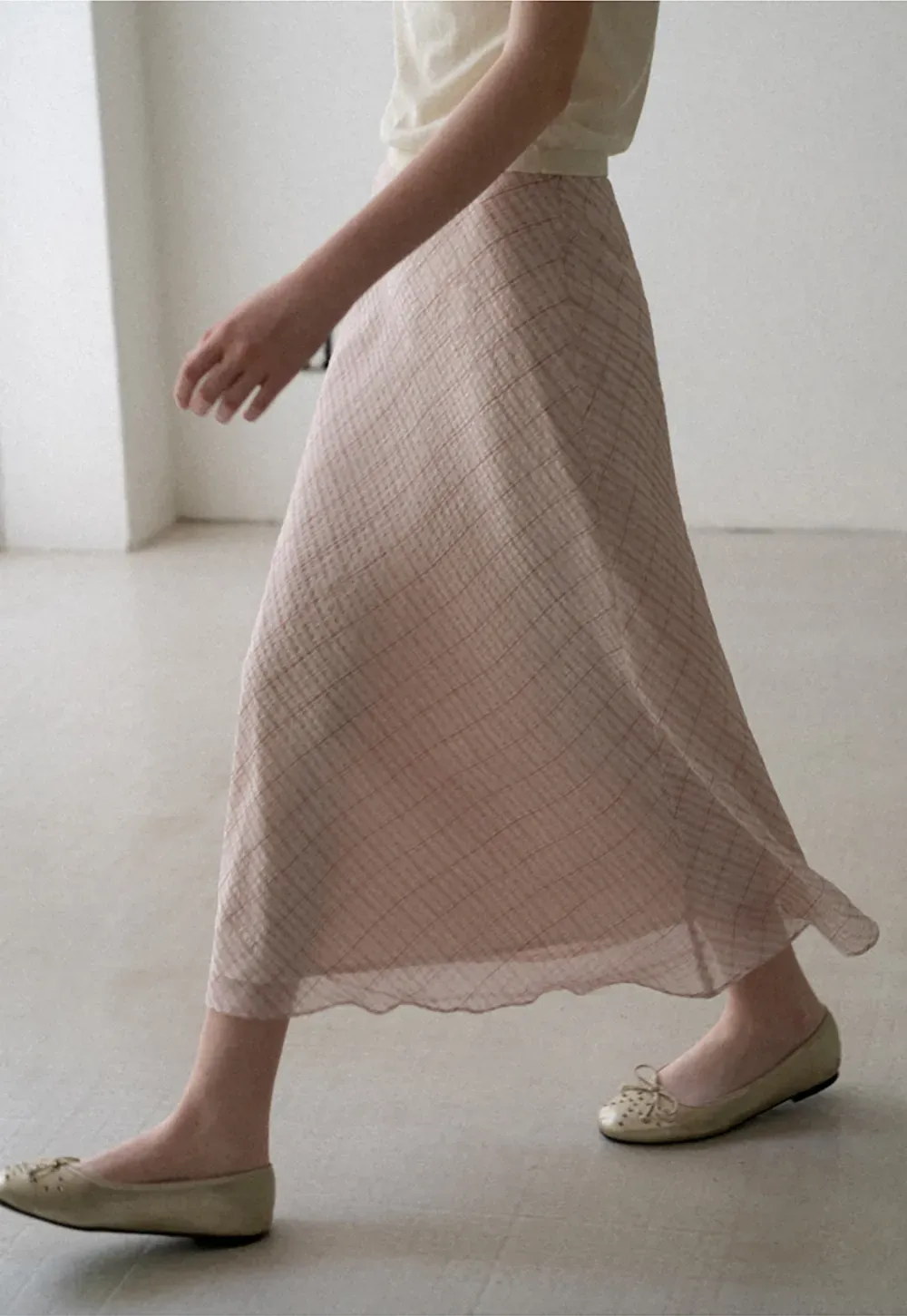 Diagonal Grid Pattern Sheer Midi Skirt with Drawstring Waist