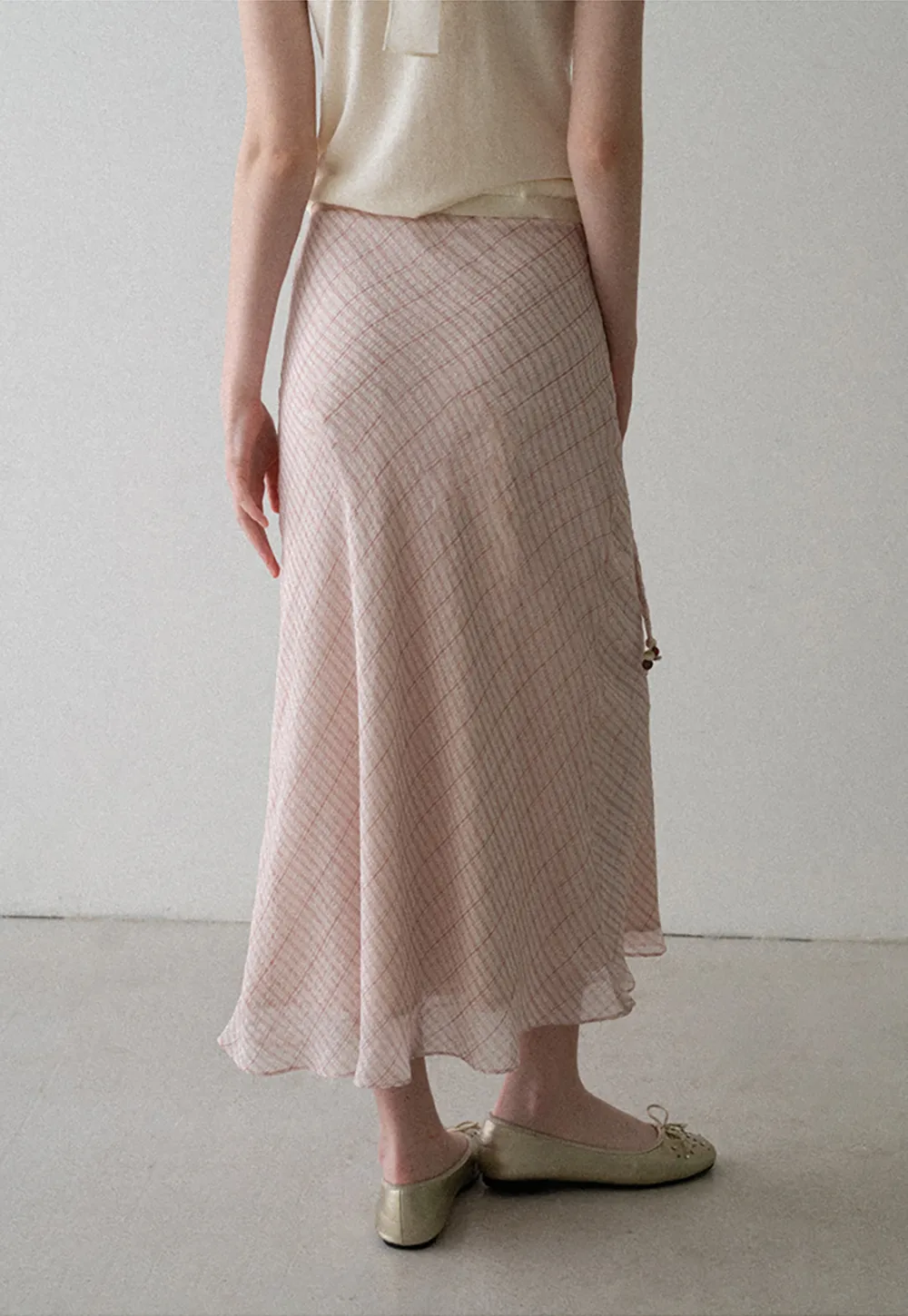 Diagonal Grid Pattern Sheer Midi Skirt with Drawstring Waist