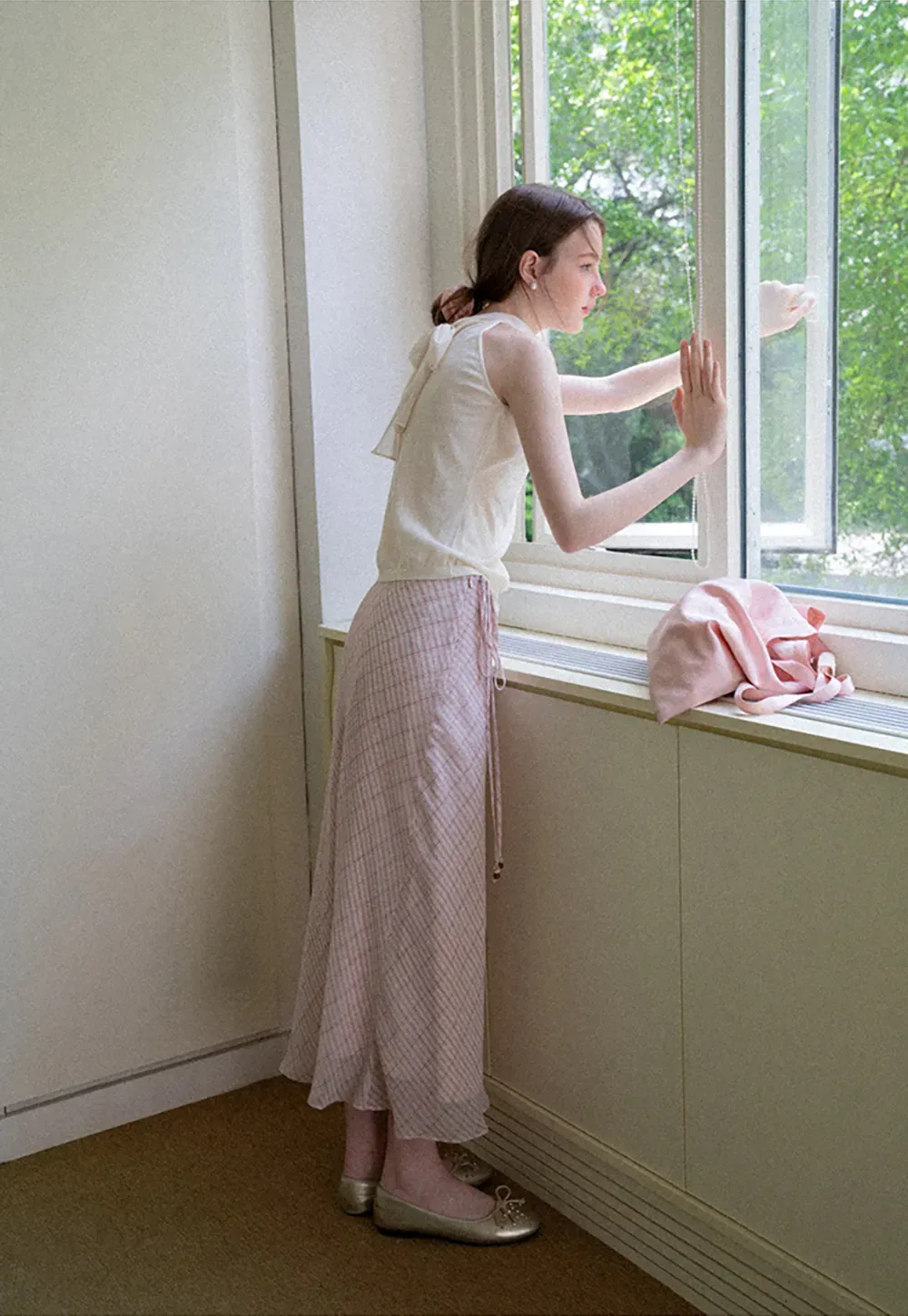 Diagonal Grid Pattern Sheer Midi Skirt with Drawstring Waist