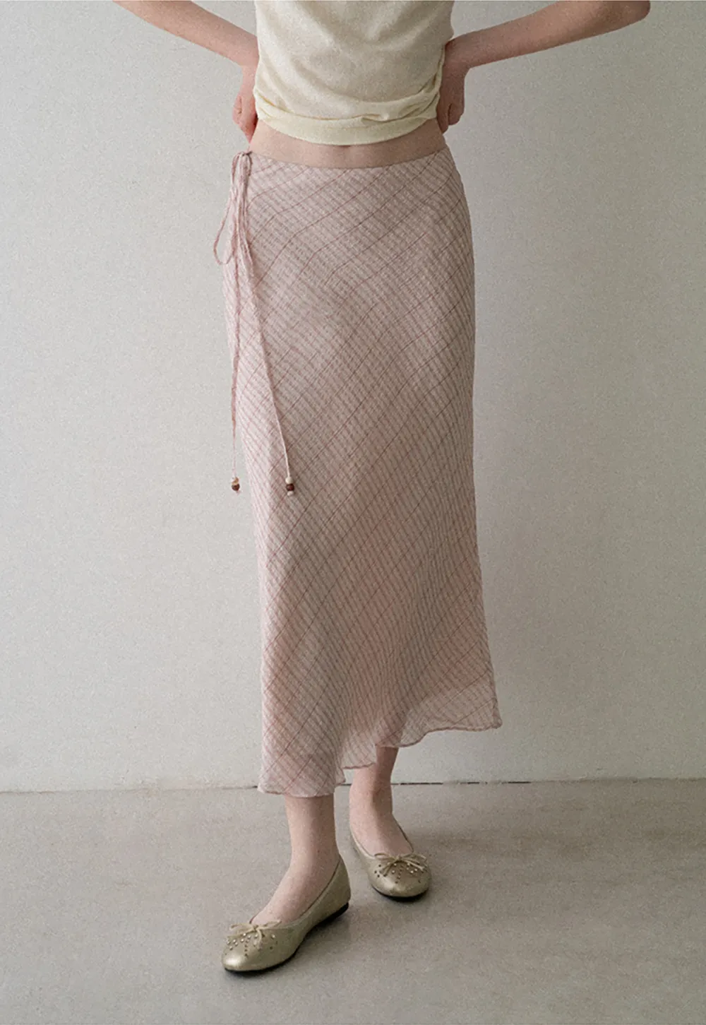 Diagonal Grid Pattern Sheer Midi Skirt with Drawstring Waist
