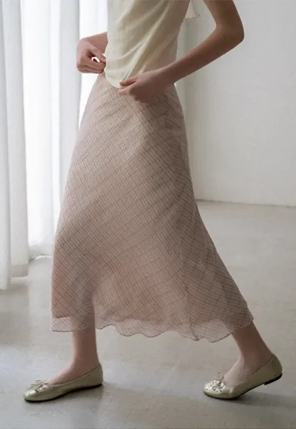 Diagonal Grid Pattern Sheer Midi Skirt with Drawstring Waist