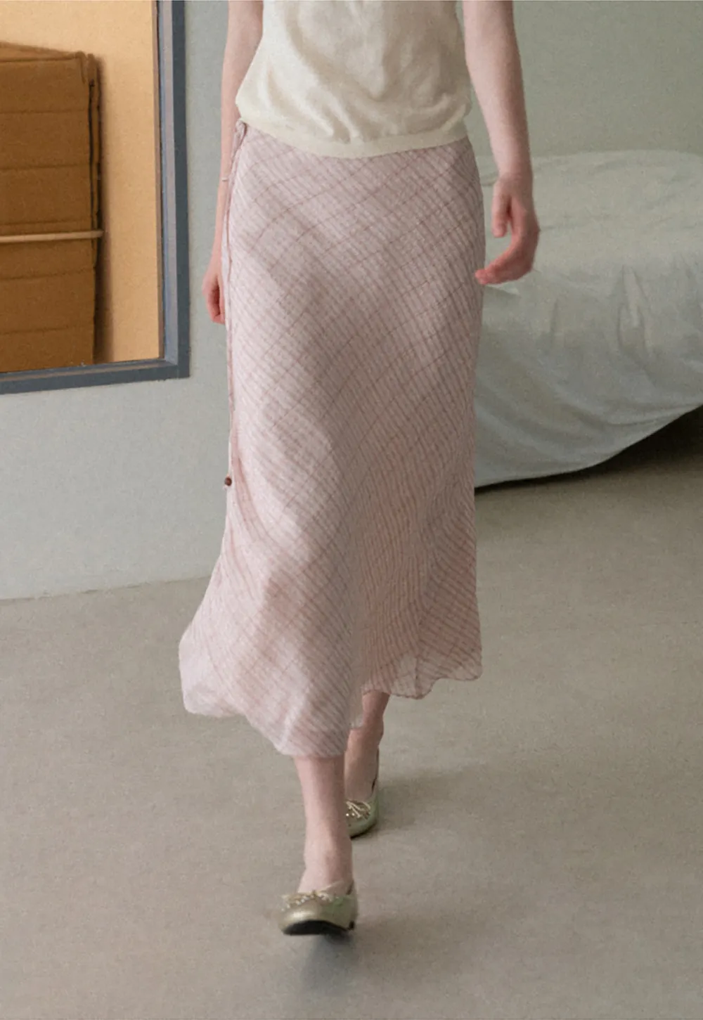 Diagonal Grid Pattern Sheer Midi Skirt with Drawstring Waist