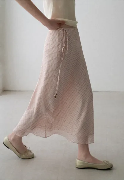 Diagonal Grid Pattern Sheer Midi Skirt with Drawstring Waist