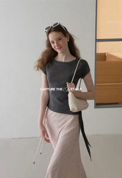 Diagonal Grid Pattern Sheer Midi Skirt with Drawstring Waist