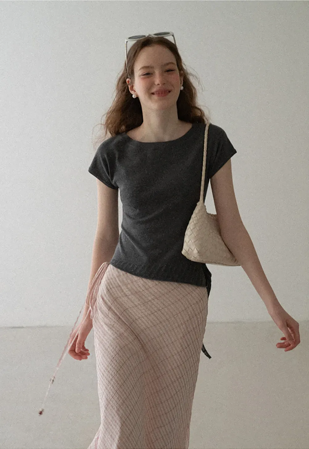 Diagonal Grid Pattern Sheer Midi Skirt with Drawstring Waist