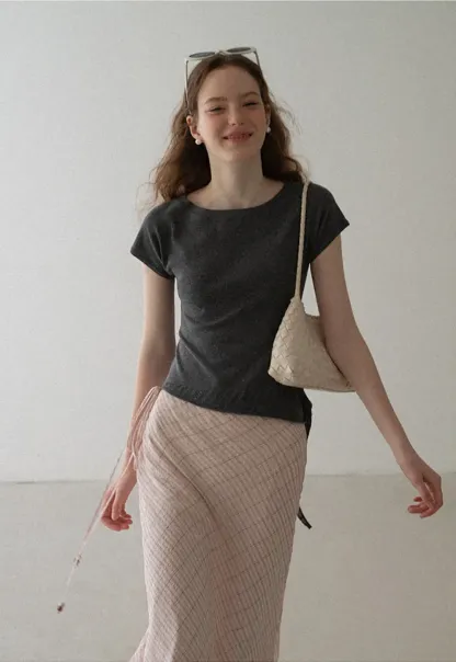 Diagonal Grid Pattern Sheer Midi Skirt with Drawstring Waist